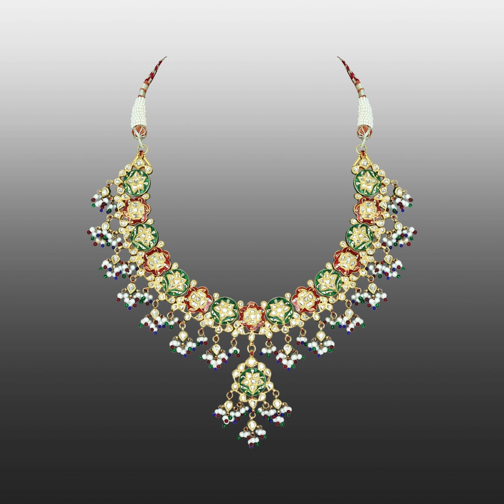 Floral Necklace with Polki, Red-Green Enamel, Pearls, and Beads